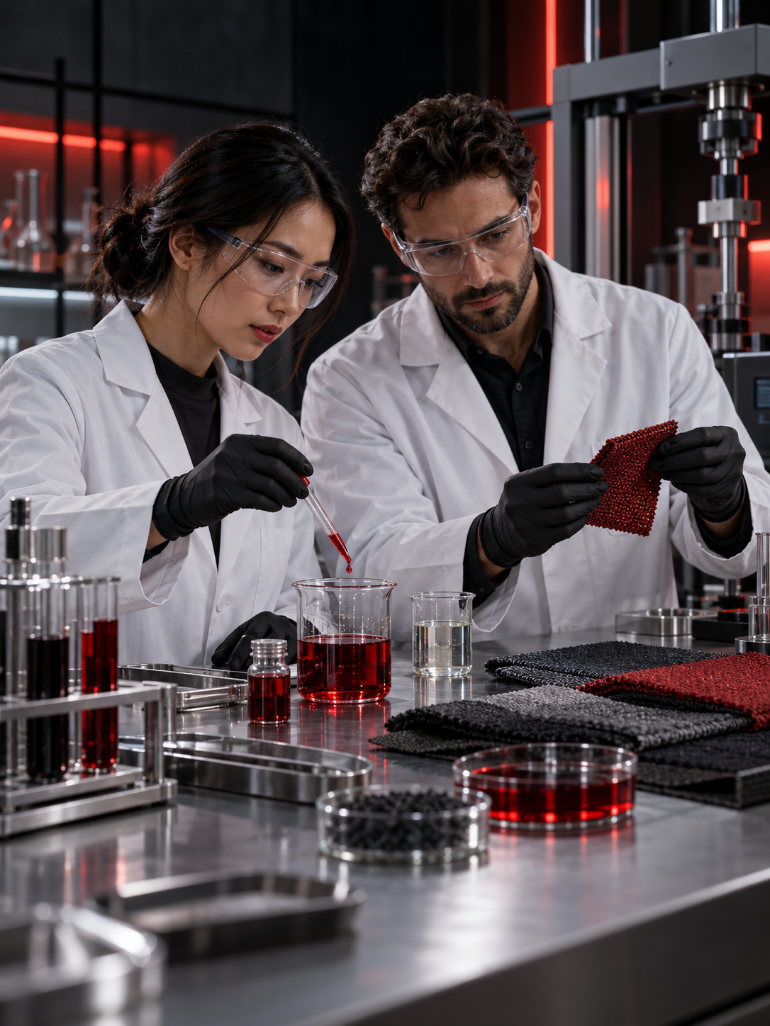 Chemists evaluating textile samples in a materials laboratory